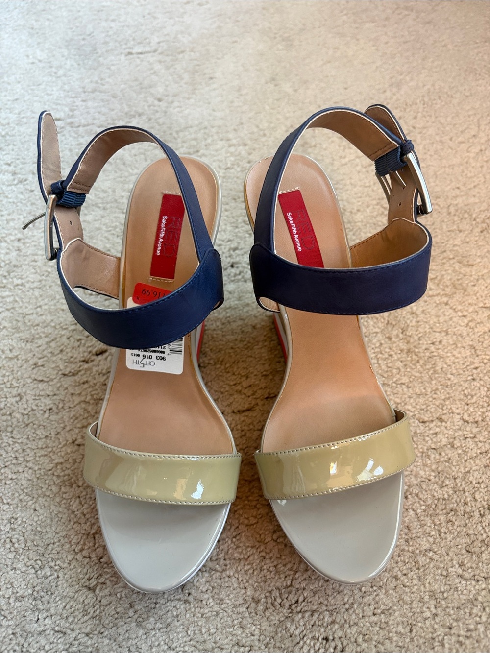 Two-Tone Patent and Leather Ankle-Strap Sandals in Beige and Navy